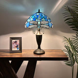 Tiffany Style Table Lamp Blue Stained Glass Dragonfly 14"W*14"D*21"H