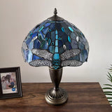 Tiffany Style Table Lamp Blue Stained Glass Dragonfly 14"W*14"D*21"H