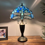 Tiffany Style Table Lamp Blue Stained Glass Dragonfly 14"W*14"D*21"H