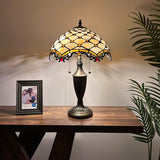 Tiffany Style Table Lamp Beige Stained Glass Crystal Beans 14"W*14"D*21"H