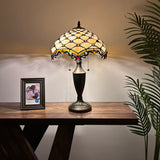 Tiffany Style Table Lamp Beige Stained Glass Crystal Beans 14"W*14"D*21"H