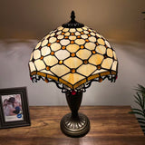 Tiffany Style Table Lamp Beige Stained Glass Crystal Beans 14"W*14"D*21"H