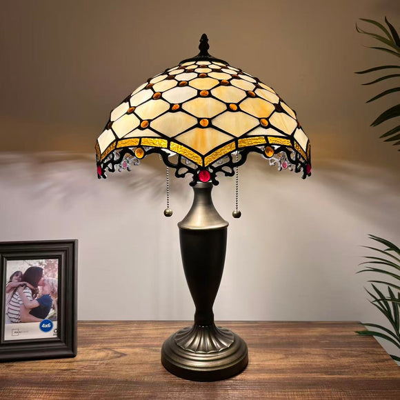 Tiffany Style Table Lamp Beige Stained Glass Crystal Beans 14