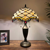 Tiffany Style Table Lamp Beige Stained Glass Crystal Beans 14"W*14"D*21"H
