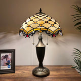 Tiffany Style Table Lamp Beige Stained Glass Crystal Beans 14"W*14"D*21"H
