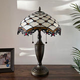Tiffany Style Table Lamp Beige Stained Glass Crystal Beans 14"W*14"D*21"H