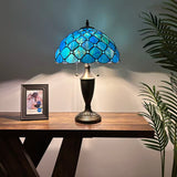 Tiffany Style Table Lamp Blue Stained Glass Crystal Beans 14"W*14"D*21"H