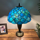 Tiffany Style Table Lamp Blue Stained Glass Crystal Beans 14"W*14"D*21"H