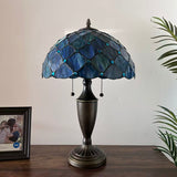 Tiffany Style Table Lamp Blue Stained Glass Crystal Beans 14"W*14"D*21"H