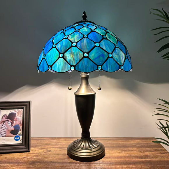 Tiffany Style Table Lamp Blue Stained Glass Crystal Beans 14