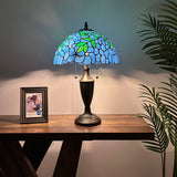Tiffany Style Table Lamp Blue Stained Glass Green Leaves 14"W*14"D*21"H