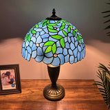 Tiffany Style Table Lamp Blue Stained Glass Green Leaves 14"W*14"D*21"H