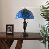 Tiffany Style Table Lamp Blue Stained Glass Green Leaves 14"W*14"D*21"H
