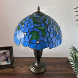 Tiffany Style Table Lamp Blue Stained Glass Green Leaves 14"W*14"D*21"H