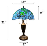 Tiffany Style Table Lamp Blue Stained Glass Green Leaves 14"W*14"D*21"H