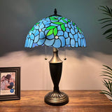 Tiffany Style Table Lamp Blue Stained Glass Green Leaves 14"W*14"D*21"H