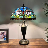 Tiffany Style Table Lamp Blue Stained Glass Tulips 14"W*14"D*21"H