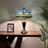 Tiffany Style Table Lamp Blue Stained Glass Tulips 14"W*14"D*21"H