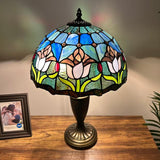 Tiffany Style Table Lamp Blue Stained Glass Tulips 14"W*14"D*21"H