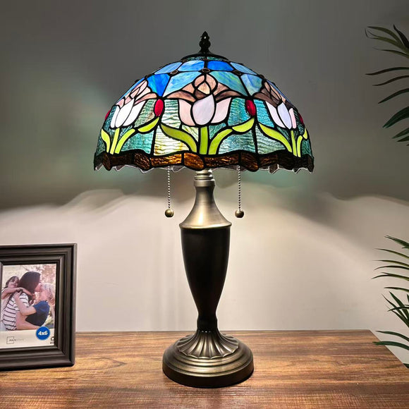 Tiffany Style Table Lamp Blue Stained Glass Tulips 14