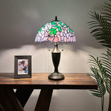 Tiffany Style Table Lamp Purple Stained Glass Green Leaves 14"W*14"D*21"H