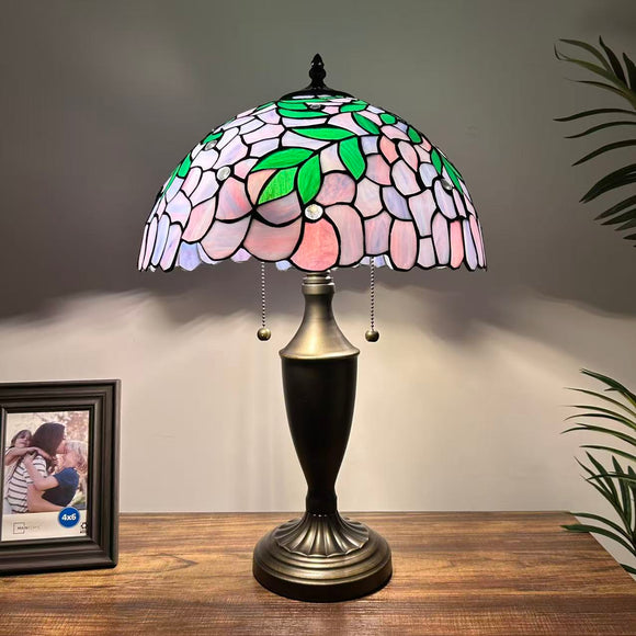 Tiffany Style Table Lamp Purple Stained Glass Green Leaves 14