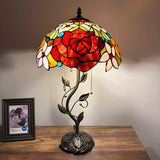 Tiffany Style Table Lamp Stained Glass Red Orange Rose Flowers LED Bulbs Included 24"H*14"W*14"D