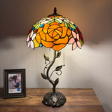 Tiffany Style Table Lamp Stained Glass Red Orange Rose Flowers LED Bulbs Included 24"H*14"W*14"D