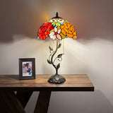 Tiffany Style Table Lamp Stained Glass Red Orange Rose Flowers LED Bulbs Included 24"H*14"W*14"D