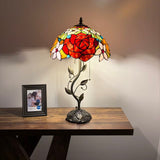 Tiffany Style Table Lamp Stained Glass Red Orange Rose Flowers LED Bulbs Included 24"H*14"W*14"D
