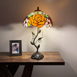 Tiffany Style Table Lamp Stained Glass Red Orange Rose Flowers LED Bulbs Included 24"H*14"W*14"D