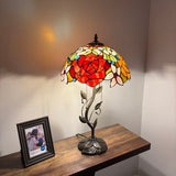 Tiffany Style Table Lamp Stained Glass Red Orange Rose Flowers LED Bulbs Included 24"H*14"W*14"D