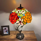 Tiffany Style Table Lamp Stained Glass Red Orange Rose Flowers LED Bulbs Included 24"H*14"W*14"D