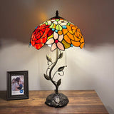 Tiffany Style Table Lamp Stained Glass Red Orange Rose Flowers LED Bulbs Included 24"H*14"W*14"D