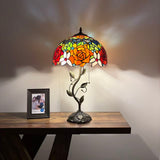Tiffany Style Table Lamp Stained Glass Red Orange Rose Flowers LED Bulbs Included 24"H*14"W*14"D
