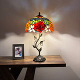 Tiffany Style Table Lamp Stained Glass Red Orange Rose Flowers LED Bulbs Included 24"H*14"W*14"D