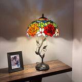 Tiffany Style Table Lamp Stained Glass Red Orange Rose Flowers LED Bulbs Included 24"H*14"W*14"D