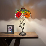 Tiffany Style Table Lamp Stained Glass Red Orange Rose Flowers LED Bulbs Included 24"H*14"W*14"D