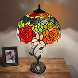Tiffany Style Table Lamp Stained Glass Red Orange Rose Flowers LED Bulbs Included 24"H*14"W*14"D