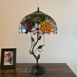 Tiffany Style Table Lamp Stained Glass Red Orange Rose Flowers LED Bulbs Included 24"H*14"W*14"D