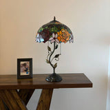 Tiffany Style Table Lamp Stained Glass Red Orange Rose Flowers LED Bulbs Included 24"H*14"W*14"D