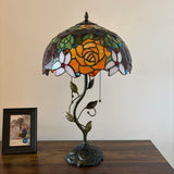 Tiffany Style Table Lamp Stained Glass Red Orange Rose Flowers LED Bulbs Included 24"H*14"W*14"D
