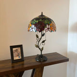 Tiffany Style Table Lamp Stained Glass Red Orange Rose Flowers LED Bulbs Included 24"H*14"W*14"D
