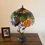 Tiffany Style Table Lamp Stained Glass Red Orange Rose Flowers LED Bulbs Included 24"H*14"W*14"D