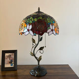 Tiffany Style Table Lamp Stained Glass Red Orange Rose Flowers LED Bulbs Included 24"H*14"W*14"D