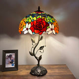 Tiffany Style Table Lamp Stained Glass Red Orange Rose Flowers LED Bulbs Included 24"H*14"W*14"D