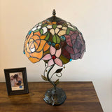 Tiffany Style Table Lamp Stained Glass Red Orange Rose Flowers LED Bulbs Included 24"H*14"W*14"D