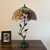 Tiffany Style Table Lamp Stained Glass Red Orange Rose Flowers LED Bulbs Included 24"H*14"W*14"D