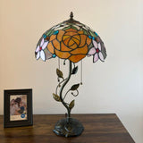 Tiffany Style Table Lamp Stained Glass Red Orange Rose Flowers LED Bulbs Included 24"H*14"W*14"D