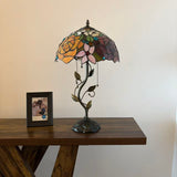 Tiffany Style Table Lamp Stained Glass Red Orange Rose Flowers LED Bulbs Included 24"H*14"W*14"D
